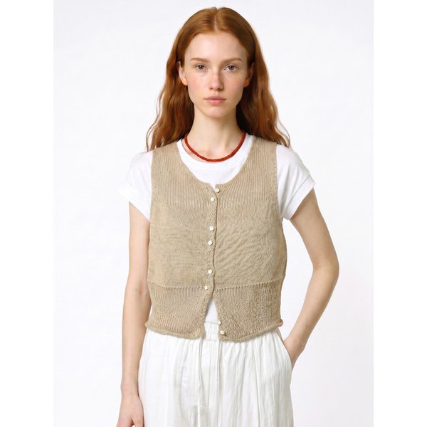 Tiny Button See-through Knit Vest_Beige