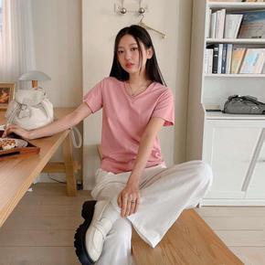 여성 반소매 코튼 무지컬러 면원단 V넥 티셔츠