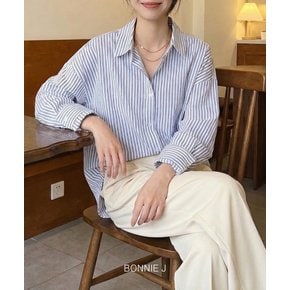 스트라이프 빅사이즈 카라넥 롱 셔츠 남방 오버핏 직장인 데일리 출근룩