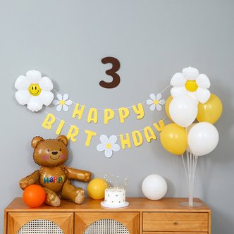 피앤비유니티 곰돌이와 데이지 가랜드 풍선꽂이 생일세트-펠트 숫자포함