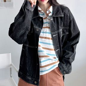 여자 주름워싱 블랙 스티치 포켓 박시 개강룩 청자켓_P384752737