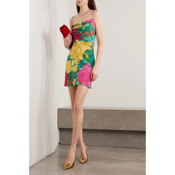 드레이프 플로럴 프린트 실크 미니 원피스 46376663162945965