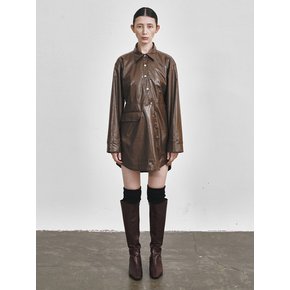 ECO-LEATHER SHIRT DRESS (BROWN)