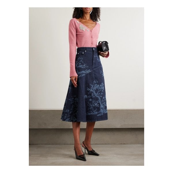 비대칭 패널 프린트 데님 미디 스커트 인디고 블루 46376663162865396