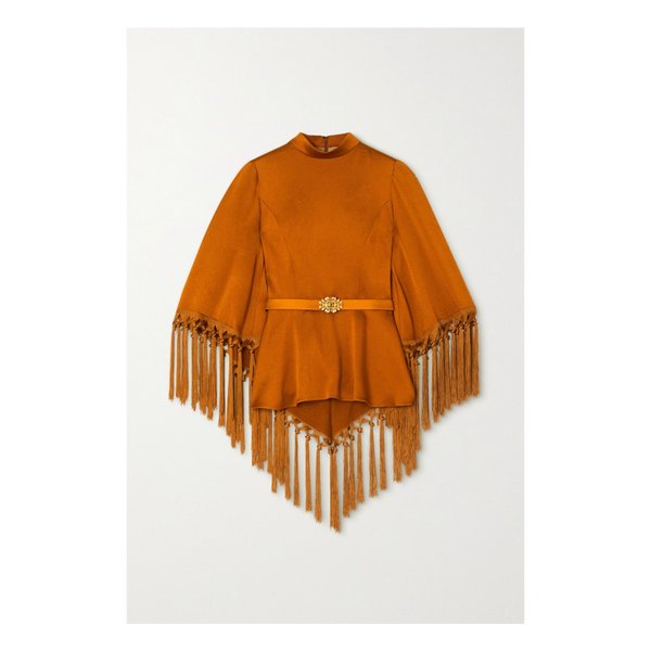 앤드류 지엔 Cape-effect Belted Tasseled Hammered-satin Blouse 브라운 45666037504881821