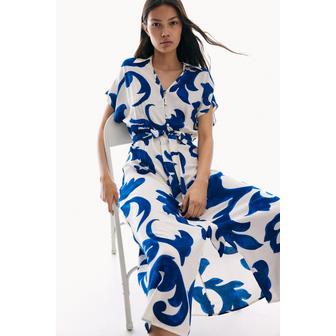 H&M 벨티드 셔츠 드레스 화이트/블루 패턴 1233620004