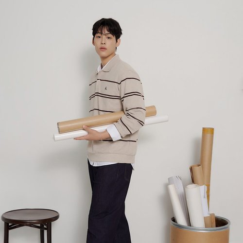 소프트 더블 저지 스트라이프 칼라넥 티셔츠  베이지 BC6941C40A