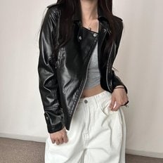 옷자락 여자 가을 어텀 블랙 유광 라이더 가죽 집업 자켓