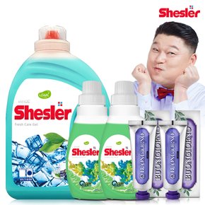 강호동의 쉬슬러 액상 세제 후레쉬 3.05L 1개+유칼립투스 650ml 2개+잇몸케어 치약 100g 2개.