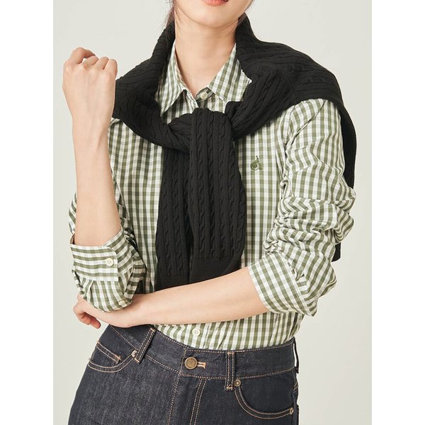 코튼 깅엄 체크 슬림숏 셔츠  카키 (BF5864C07H)