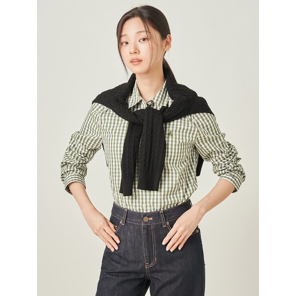 코튼 깅엄 체크 슬림숏 셔츠  카키 (BF5864C07H)