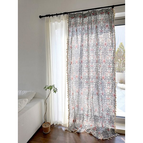 빈티지 보타닉 아트 코튼린넨 커튼