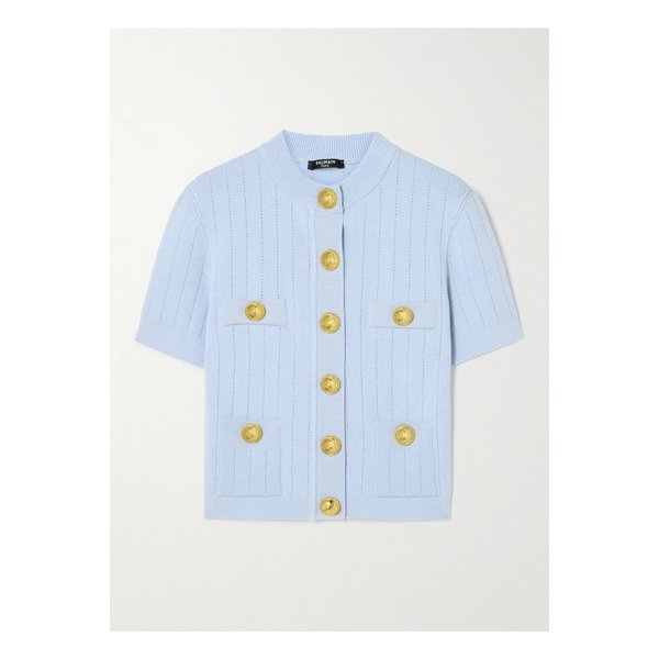 장식 골지 니트 가디건 라이트 블루 1647597349885862