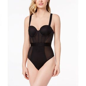 우먼 DKNY 디케이앤와이 시어 스트랩리스 오픈숄더 메쉬 판넬 Thong 바디수트 DK6008 - 블랙 365