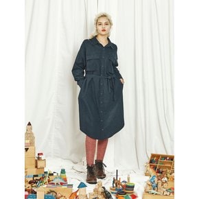 3D pocket belted shirt dress-Indigo blue