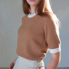 ROUND NECK COLOR COMBI KNIT TOP CAMEL