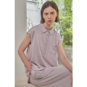 merino wool 70% silk 30%  cap sleeve collared knit top - Pale Purple