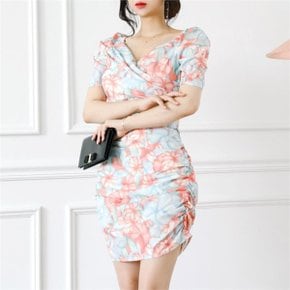 여성 수채화 플라워 브이넥 셔링 오프숄더 미니원피스 OPS2480_P082084158