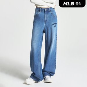 MLB [코리아공식] 여성 바시티 컬시브 자수 와이드 데님팬츠 NY (Indigo)