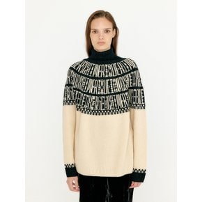 VIBBLE Paneled Lettering Jacquard Pullover - Beige/Black