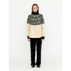 VIBBLE Paneled Lettering Jacquard Pullover - Beige/Black