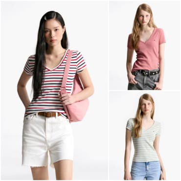 타미진스 여성 슬림 브이넥 립 티셔츠 T32F6TTO07TWT1 TOMMY JEANS