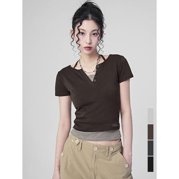 Sally V-cut Stripe Layered Short Sleeve Tee_4COL