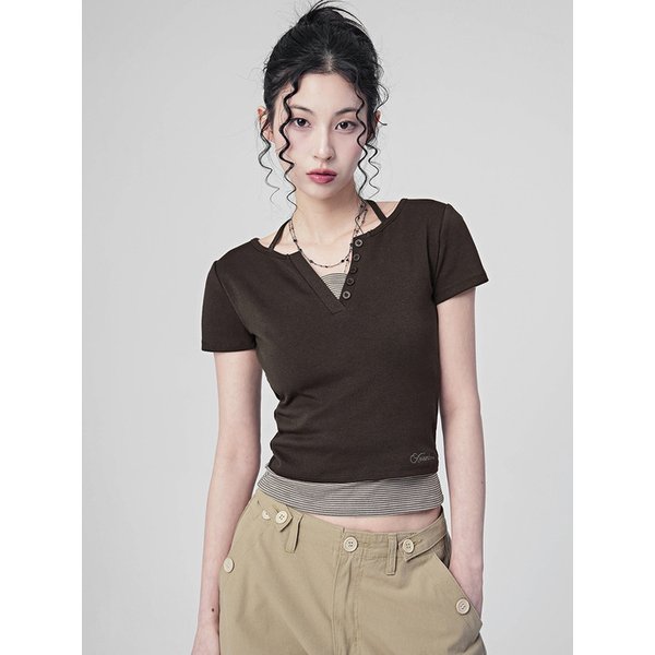 Sally V-cut Stripe Layered Short Sleeve Tee_4COL