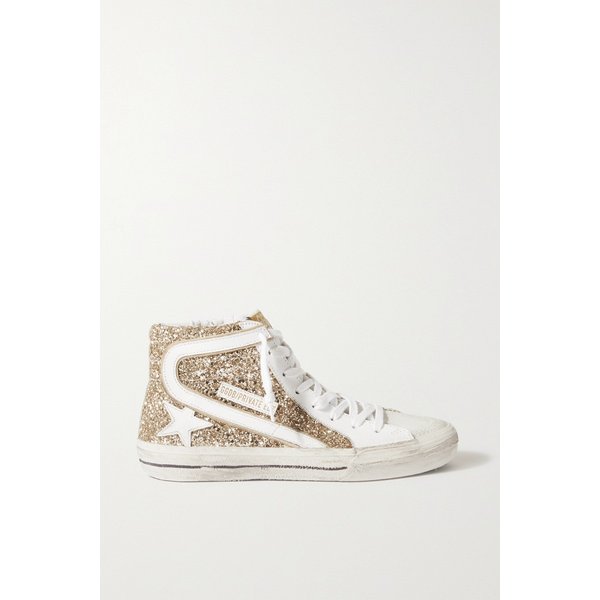 Slide Distressed Suede-trimmed Leather And Lurex High-top Sneakers 화이트