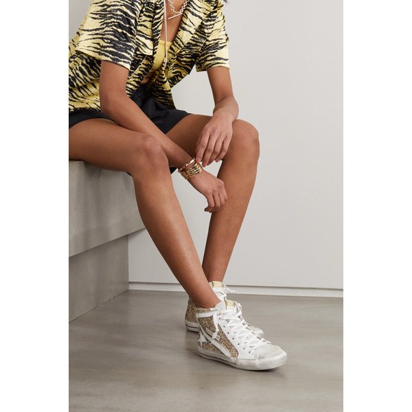 Slide Distressed Suede-trimmed Leather And Lurex High-top Sneakers 화이트