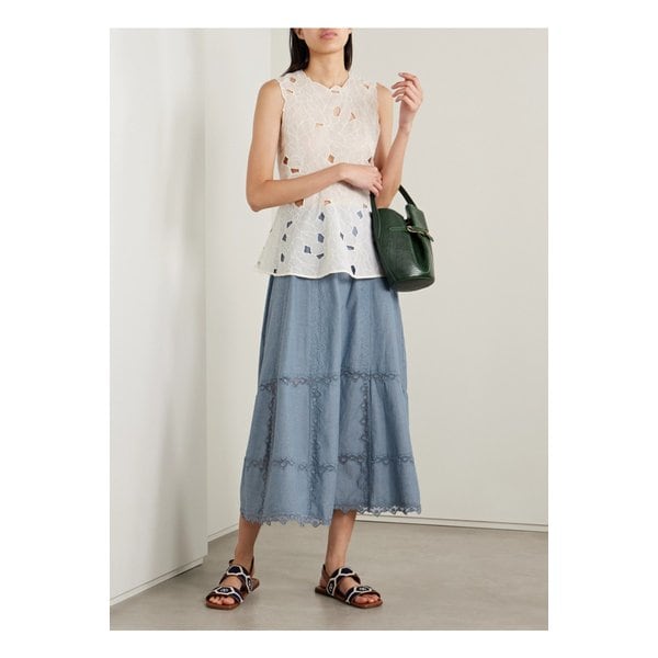 루시아 자수 메시 트리밍 코튼 샴브레이 미디 스커트 블루 46376663162870580