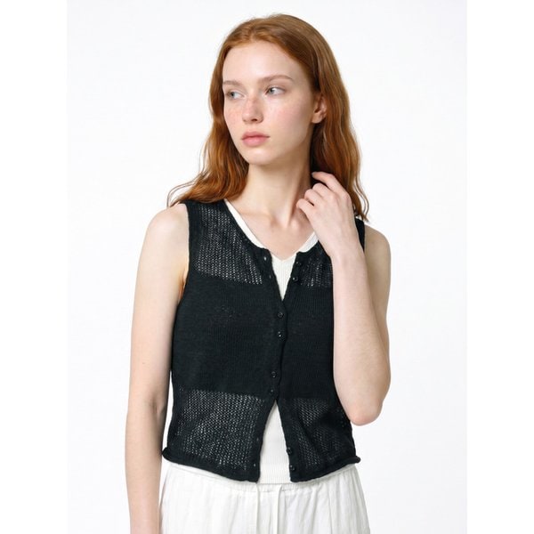 Tiny Button See-through Knit Vest_Black