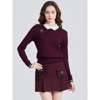 챌린저 여성 클래식 배색 카라 니트 풀오버 버건디