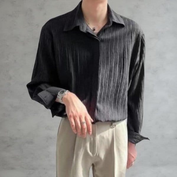 [옷자락] 남성 단색 세로 스트라이프 디자인 루즈핏 셔츠