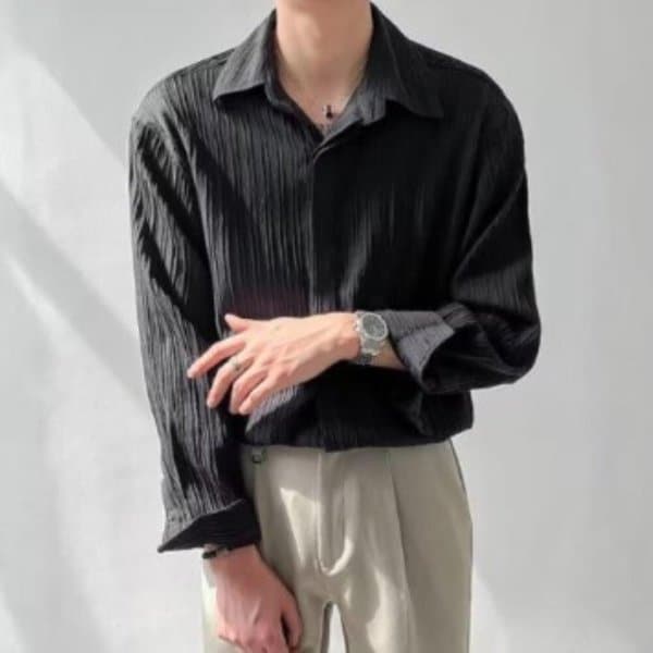 [옷자락] 남성 단색 세로 스트라이프 디자인 루즈핏 셔츠