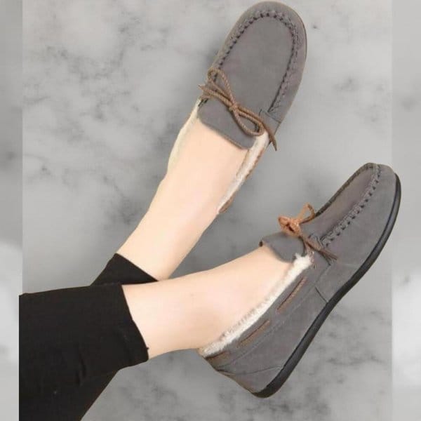 [옷자락] 여성 심플 털안감 리본 플랫슈즈 낮은굽 겨울 신발