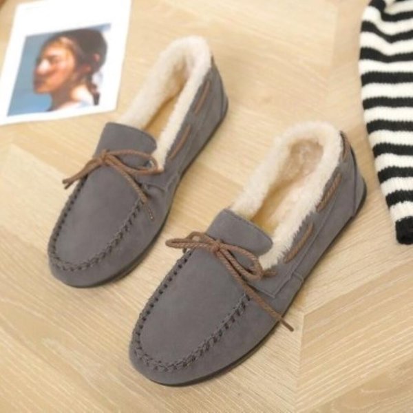 [옷자락] 여성 심플 털안감 리본 플랫슈즈 낮은굽 겨울 신발