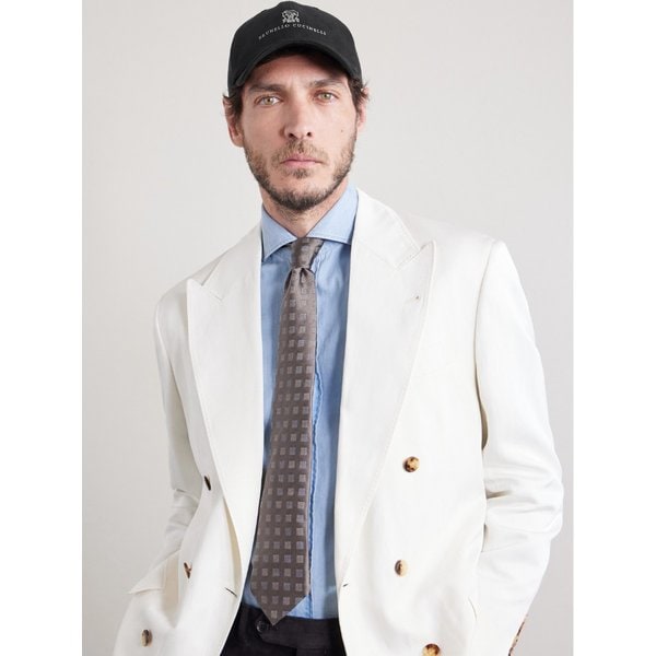 브루넬로쿠치넬리 로고 자수 가죽 트리밍 코튼 트윌 베이스볼 캡 46376663162997958