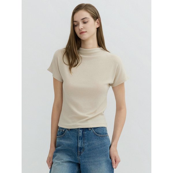 Mockneck Dolman Short Sleeve T-Shirt Beige AT5TSF078BI