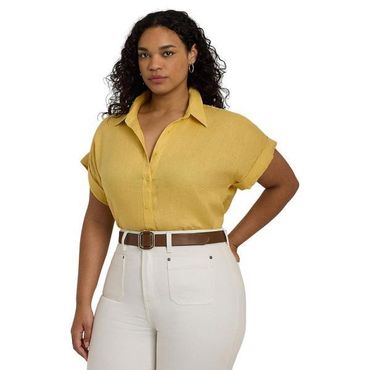 폴로 랄프 로렌 우먼 Lauren Ralph Lauren Plus-Size 린넨 돌먼 슬리브 셔츠 - Primrose 옐로우 9228813