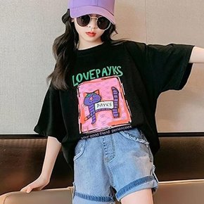 베비포 주니어 여아 반팔티 초등 고양이 프린트 여름 티셔츠 AY3 (5...