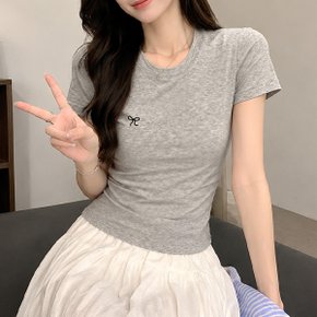 소프트 자수 리본 러블리 슬림 반팔 티셔츠 LK-T20