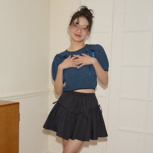 [살롱드욘] Ribbon Shirring Mini Skirt Black