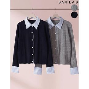 스트라이프 셔츠 배색 케이블 니트 가디건_P439242110