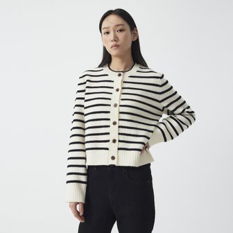 JAJU 여 라운드 배색 가디건(OFF WHITE / ZET BLACK)