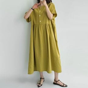 여성 반팔 롱 원피스 플레어 루즈핏 체형커버 맥시 버튼 포인트 휴양지룩_P426258267