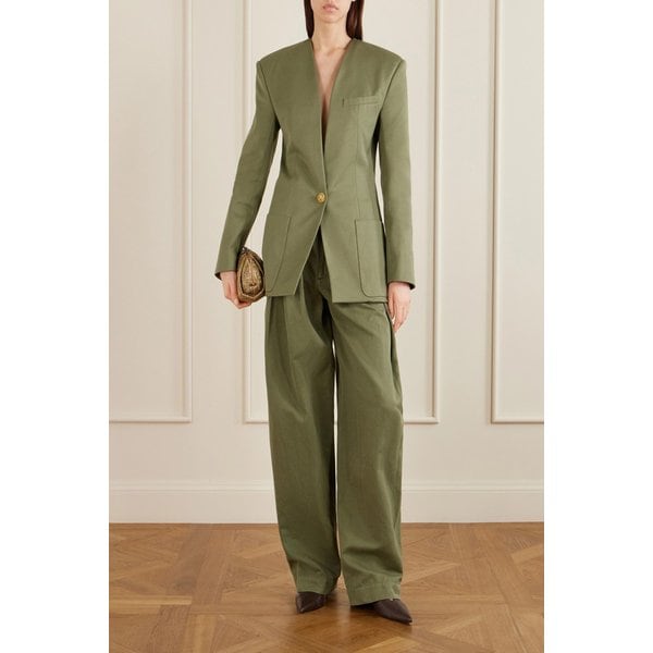 벨티드 플리츠 코튼 리넨 블렌드 트윌 테이퍼드 팬츠 46376663163031928