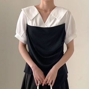 브이넥 빅카라 이중 배색 블라우스 반팔 셔링 드레이프 오피스룩_P423809802