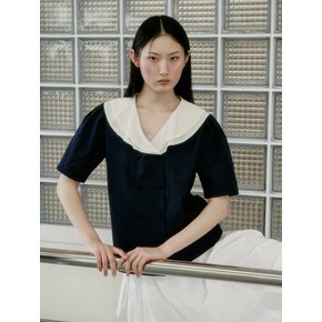 Double Ruffle Half Sleeve Blouse_navy