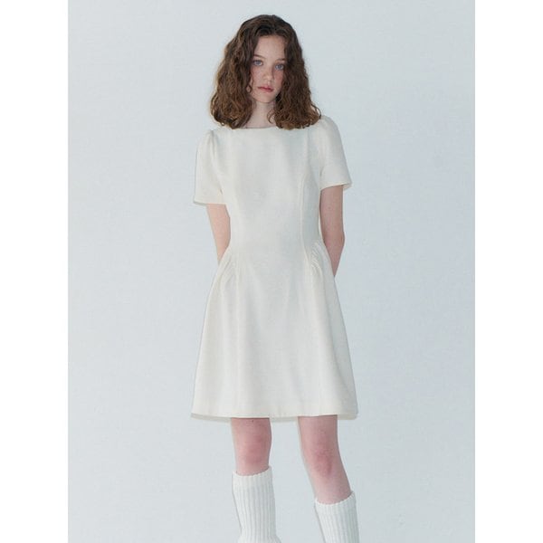 Shirring Flare Mini Dress, Ivory